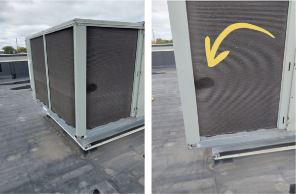 The leaking MCHX in a Trane YCD151F condenser coil.