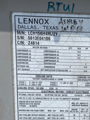 Equipment label from a Lennox HVAC unit showing model, serial number, and specifications.